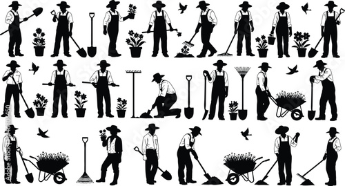Massive Black Silhouette Vector Collection: Gardeners, Farmers, Diverse Trees, Flowers, and People Watering Plants for Extensive Nature and Horticulture Design.