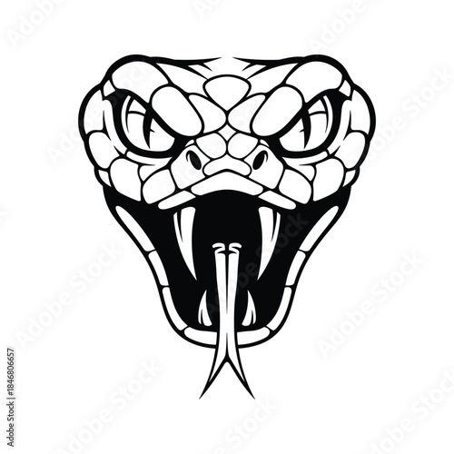 Black and white viper head with forked tongue and fangs snake cobra
