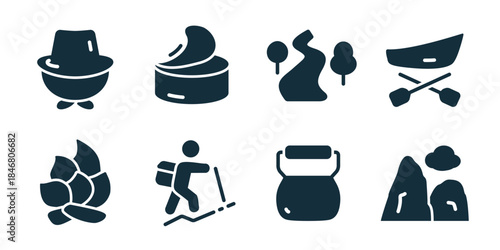 Camping and outdoor activities excellent icon collection. Set of campfire, hiking, backpack, canoe, forest, tent, fishing, and map icons