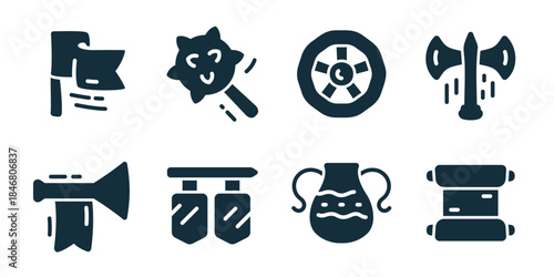 Medieval adventure equipment excellent icon collection. Set of flag, mace, wheel, axe, horn, trumpet, jug, and scroll icons