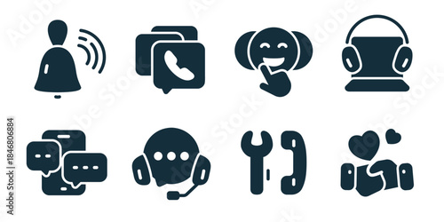 Customer service and communication tools excellent icon collection. Set of notification bell, call messages, positive feedback, support laptop, chat bubbles, call center agent, phone tools