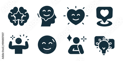 Positive emotions excellent icon collection. Set of brain star, smiling head, happy heart, love message, raised hands, smile face, calm person, idea
