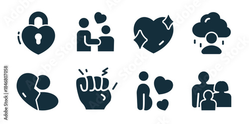 Relationships and family excellent icon collection. Set of locked heart, helping people, shining heart, stress cloud, broken heart, anger fist, caring family, support