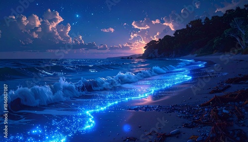 夜の浜辺に輝く青い海ほたる4