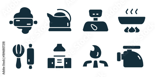 Kitchen and cooking excellent icon collection. Set of kitchen utensils, ladle, fork, spoon, stove hood, gas burner, faucet, kitchen sink icons