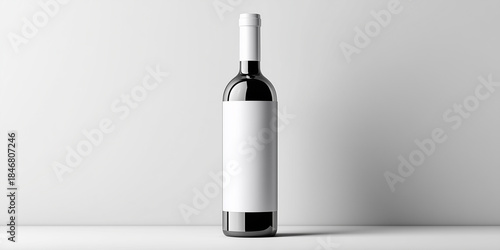 Bottle of red wine with a blank white label mockup against white background.