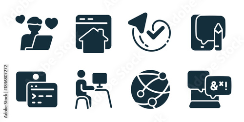 Website excellent icon collection. Set of blogger laptop, homepage window, approval arrow, comment edit, code cards, workstation, connection globe, chat moderation icons