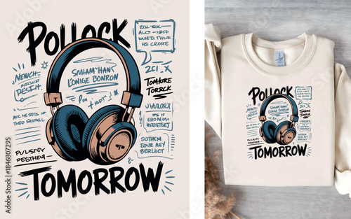 Urban street art illustration of retro headphones with text