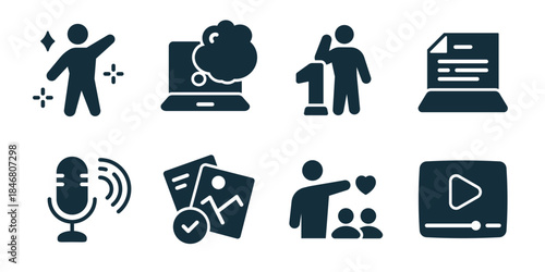 Influencer and blogging excellent icon collection. Set of microphone, approved media, audience support, video player, image content, live streaming, donation phone, creator icons