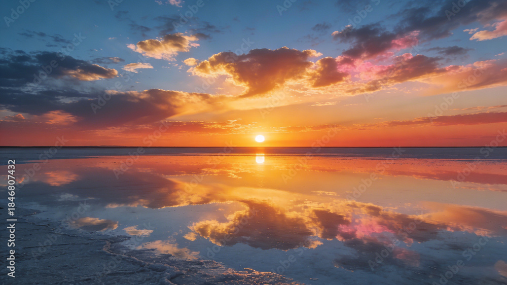 Fototapeta premium Salt flat mirror reflects sunset��s colorful sky