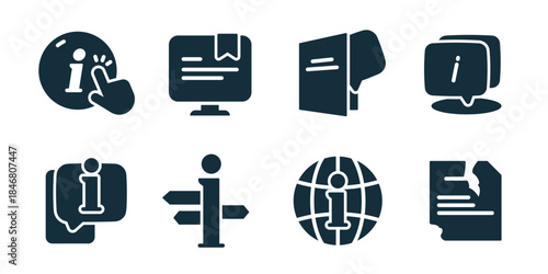 Information and communication excellent icon collection. Info click, info screen, announcement megaphone, info chat, info bubble, direction signpost, info globe, broken document
