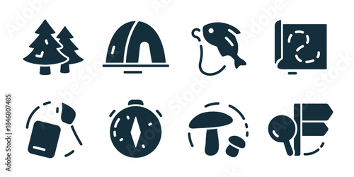 Navigation and exploration tools excellent icon collection. Set of forest, tunnel, fish, map, compass, mushroom, signpost, and phone icons