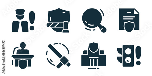 Law and security excellent icon collection. Set of police officer, shield barrier, search, secure document, courtroom, baton, courthouse, and alert icons