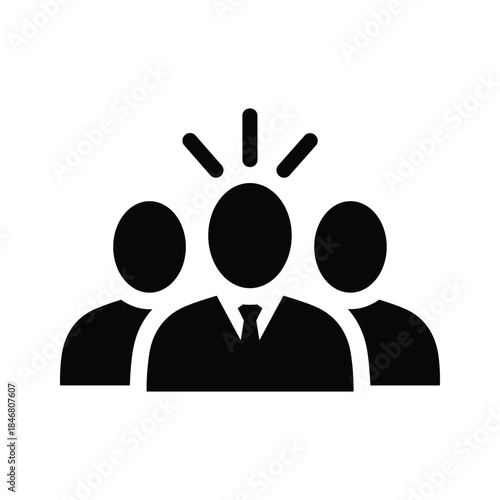 Black icon of a person with a tie and radiating lines above head surrounded by two other figures