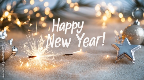 Happy new year celebration with sparklers on the beach at sunset