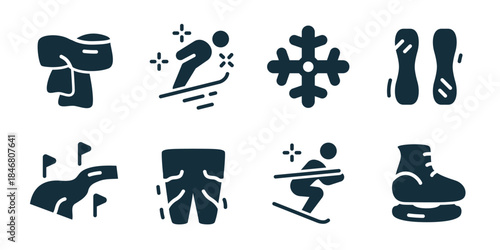 Winter sports and cold weather gear excellent icon collection. Set of scarf, snowboarder, snowflake, shoe insoles, mountain trail, winter pants, skier jump, and ice skate icons