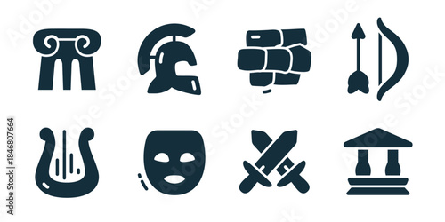 Ancient culture and art excellent icon collection. Set of column, helmet, brick wall, bow, lyre, mask, crossed swords, and temple icons