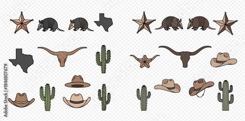 Collection of Texas-themed illustrations including armadillos, longhorn skulls, cowboy hats, and cacti.