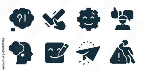 Positive emotions excellent icon collection. Set of thinking cloud, approval gesture, happy gear, feedback person, creative mind, writing note, send message, balance