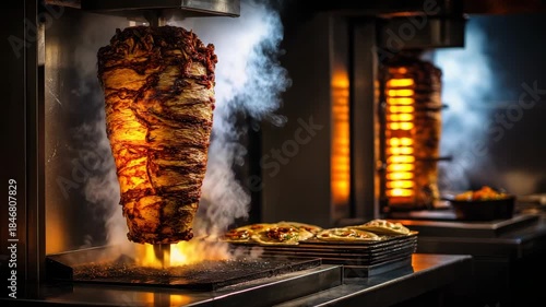 Close Up Of Shawarma Meat On Rotisserie With Pita Bread And Condiments On The Side In Dark Lighting