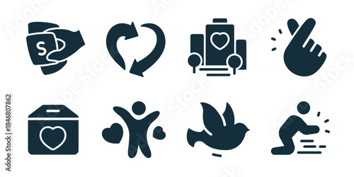 Charity and donation excellent icon collection. Set of money donation, heart arrows, volunteer podium, promise finger, donation box, helping person, dove, aid