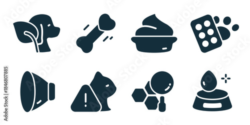 Animals veterinary excellent icon collection. Set of dog profile, bone treat, food bowl, medicine pills, alert speaker, sick pet, test sample, feeding