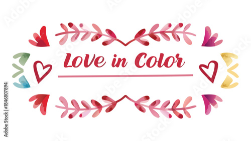 Artistic watercolor splash forming a loose heart in pink, red, and colorful hues with leaves on white background