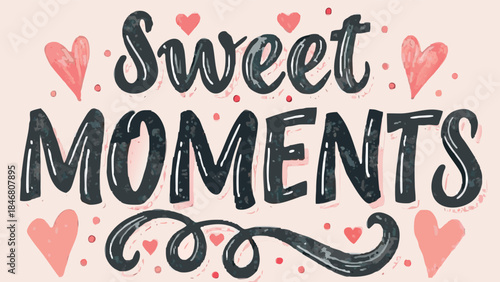 Sweet moments written in artistic brush heart strokes on flowing lettering