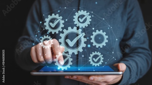 Wallpaper Mural Close-up of a businessman's hand touching a tablet screen. With a holographic illustration of a setting. Torontodigital.ca