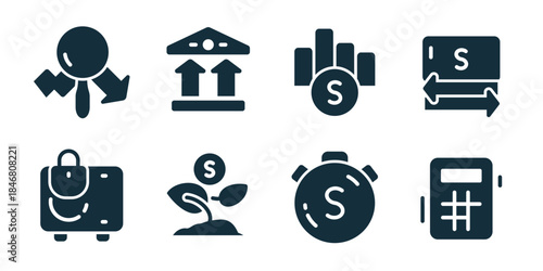 Business finance and investment excellent icon collection. Set of analysis, bank, profit, transfer, suitcase, investment, savings, and calculator icons