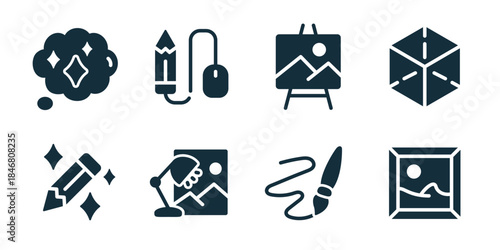 Creative tools and art excellent icon collection. Idea cloud, pencil mouse, art easel, cube box, magic wand, drawing tablet, paint brush, photo frame