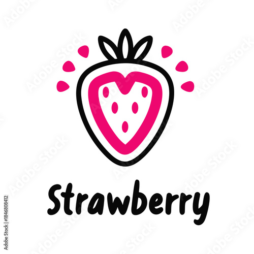 Pink strawberry with black outline and seeds