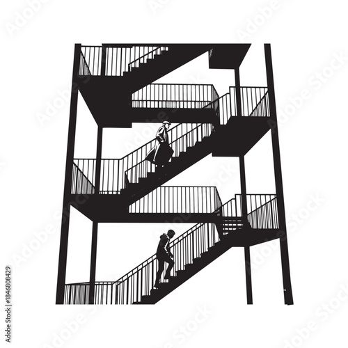 Black and white silhouette of people walking on an outdoor metal industrial staircase, urban architecture photography featuring geometric diagonal lines and high contrast.
