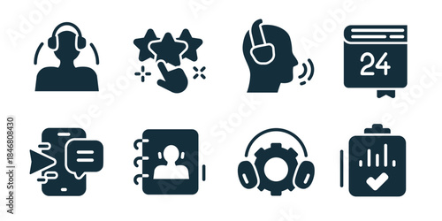 Customer support and communication excellent icon collection. Set of headset agent, rating stars, voice support, calendar, chat messages, contact book, service settings, and checklist icons