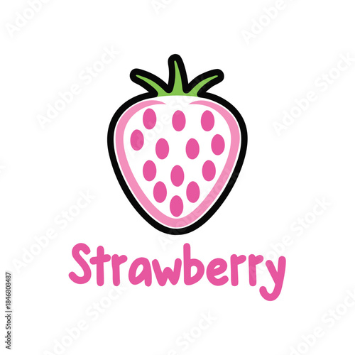 Pink strawberry with green leaf and seeds on white background
