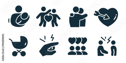 Relationships and family excellent icon collection. Set of parent child, family heart, couple hug, love arrow, baby stroller, pointing conflict, group love, argument