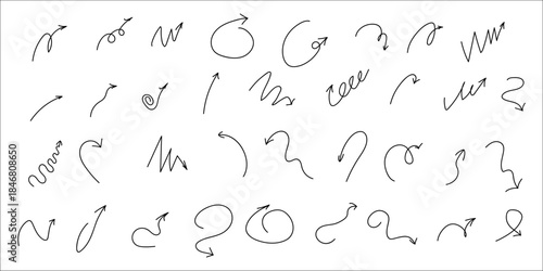Doodle Spiral Arrows Set. Hand Drawn Arrows. Design Quirky Twist Line, Curve Wave Arrow.