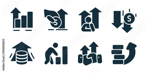 Business growth and financial performance excellent icon collection. Set of growth chart, investment increase, employee growth, profit decrease, warehouse storage, productivity progress icons