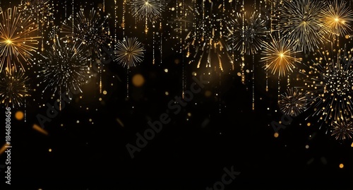 Golden Fireworks Display with Sparkling Effects on Black Background