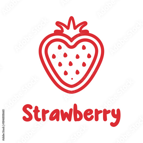 Red strawberry with seeds and crown above the word strawberry fruit