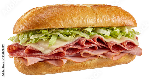 Italian sub sandwich with layers of salami, ham, provolone, and shredded lettuce on a hoagie roll.