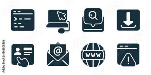 Website excellent icon collection. Set of code window, laptop cursor, search message, download button, user profile, email, web globe, alert page icons