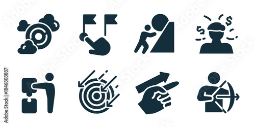 Challenge excellent icon collection. Set of target arrows, goal flag, uphill push, stress pressure, task execution, focus aim, hand direction, archery icons