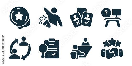 Headhunting and recruiting excellent icon collection. Star badge, announcement megaphone, accept reject cards, help desk, rotation arrows, checklist clipboard, manager meeting, rating stars