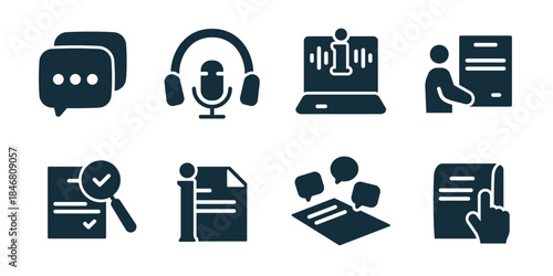 Information and communication excellent icon collection. Chat messages, podcast mic, analytics laptop, report presenter, checklist search, profile document, discussion table, scroll selection
