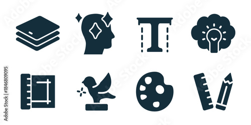 Creative tools and art excellent icon collection. Layers stack, creative head, typography letter, idea bulb, sketchbook, bird statue, paint palette, ruler pencil