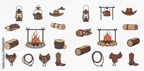 Set of wild west cowboy and camping items, including campfire, lantern, hat, boots, saddle, and logs.