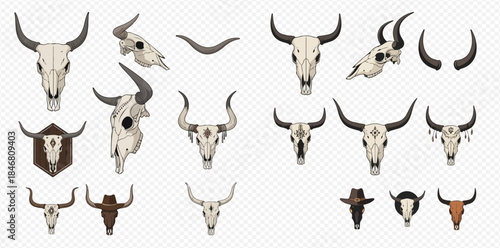 Set of various animal skulls, including bull, buffalo, and ram, with horns, isolated on a transparent background.