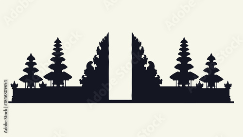 Minimalist silhouette of a traditional Balinese temple gate with tiered roofs, representing Indonesian cultural architecture.