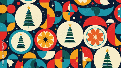 Vibrant christmas tree pattern with abstract shapes and floral motifs